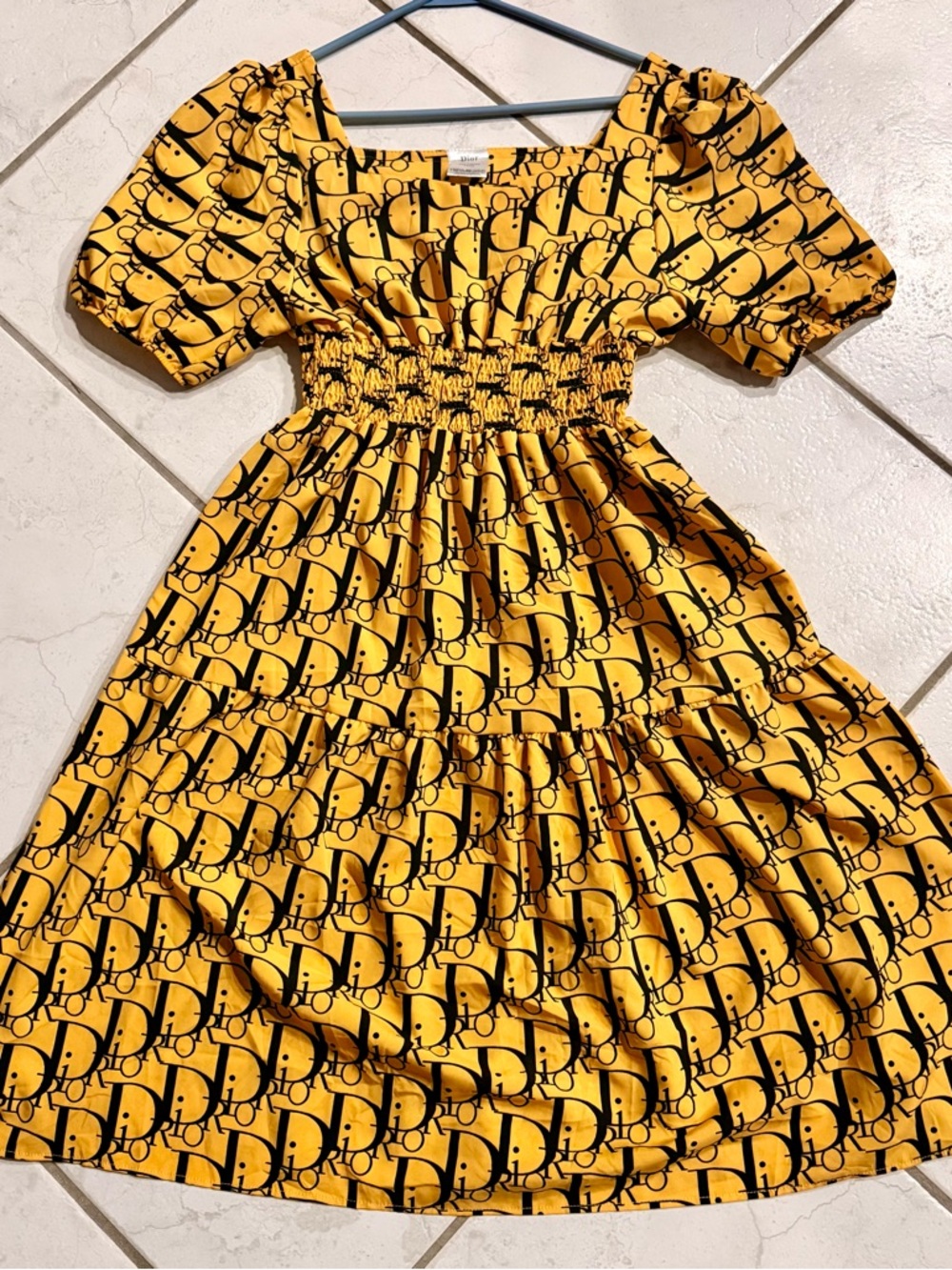 Midi length dress square neck line, mustard yellow & black Dior print fabric - Picture 8 of 15